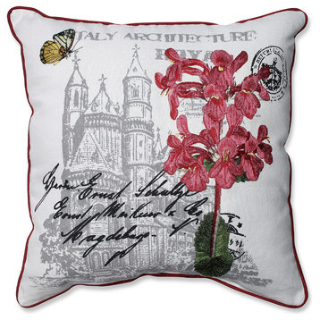 Castle Print and Embroidered Pink Flowers Corded Throw Pillow
