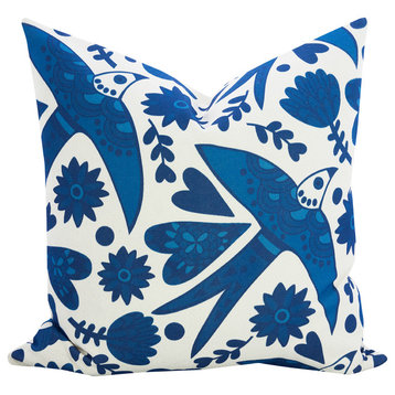 Birds and Hearts Cotton Pillow, Blue