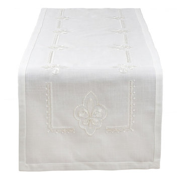 Fabia Collection Embroidered Fleur de Lis 16"x72" Table Runner, Ivory
