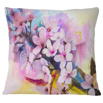 Japanese Cherry Blossoms Watercolor Floral Throw Pillow, 16"x16"