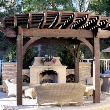 Poolside Timber Frame Pergola with Outdoor Fireplace
