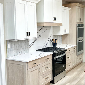 Wynnbrooke White Oak Sand and Linen White Kitchen With Gold Accents