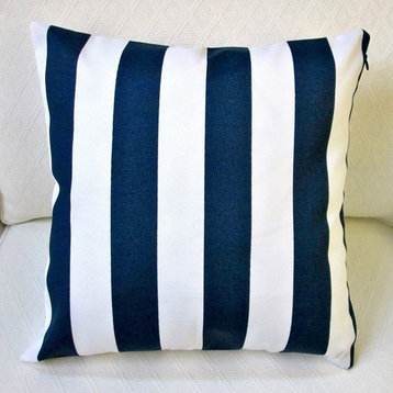 Outdoor Navy Polyester Stripe Throw Pillows, Set Of 2, Big Stripes, Pillow Cover