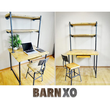 Salvaged Wooden Desk, Built, In Shelving Unit, Pipe Legs, 30x36x30, Beeswax
