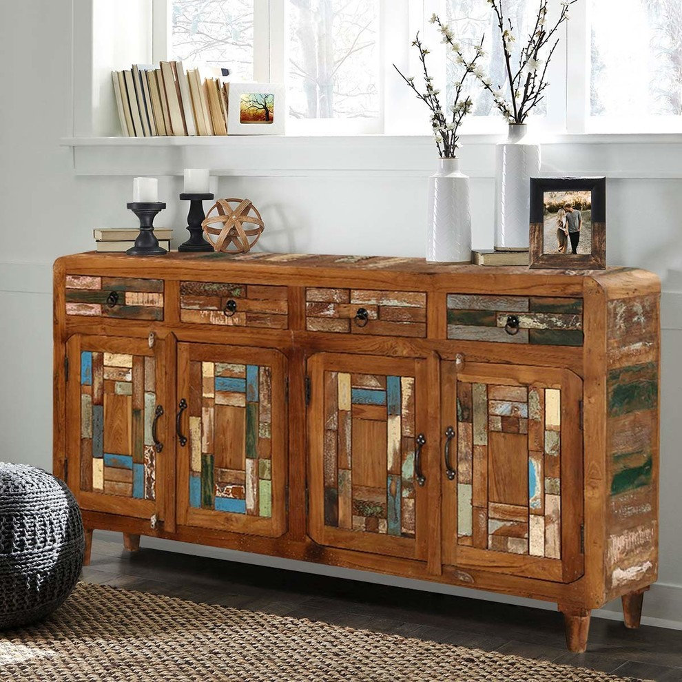 Bonnieville Rustic Solid Wood Mosaic Inlay 4 Drawer Large Sideboard ...
