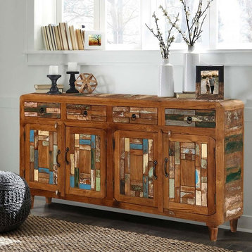 Bonnieville Rustic Solid Wood Mosaic Inlay 4 Drawer Large Sideboard