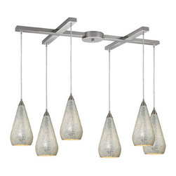 Elk - Curvalo 6-Light Pendant, Satin Nickel and Silver Crackle Glass - Pendant Lighting