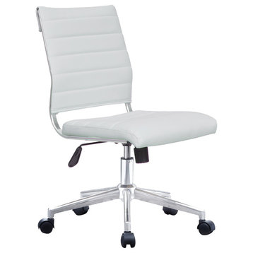 Mid Back Swivel Boss Ribbed PU Leather Office Chair Modern Ergonomic, White