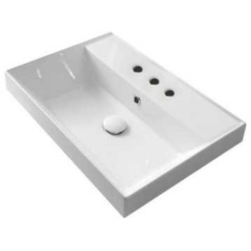 Rectangular White Ceramic Self Rimming Sink, Three Hole