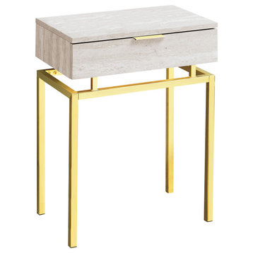 Accent Table, Lamp, Storage Drawer, Metal, Laminate, Beige Marble Look, Gold