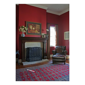 Custom Handcrafted Fire Mantels, Library Cabinets, Desk, Dark Stain Traditional