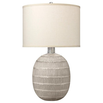 Oval Pearl Beige Off White Ceramic Table Lamp 17 in Ribbed Vertical Striped