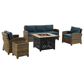 Crosley Furniture Bradenton 5Pc Patio Fabric Fire Pit Sofa Set in Brown and Navy
