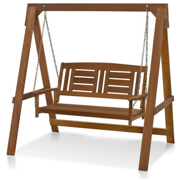 Classic Patio Porch Swing, Dark Red Wooden Construction With Teak Oil, 2 Seater