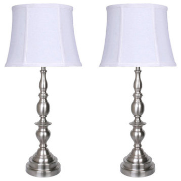 27.5" Brushed Nickel Table Lamp With Baluster Body & White Linen Shade, Set of 2