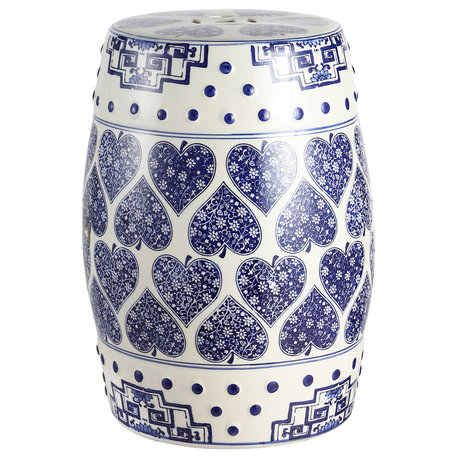 Happy Hearts 17.8" Ceramic Drum Garden Stool, Blue and White