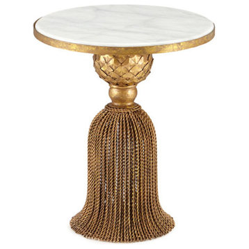 Wrought Iron Antique-Style Gold Tassel Table, White Marble Top