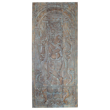 Consigned Fluting Krishna Carving, Vintage Black Barn Door, Sliding Door