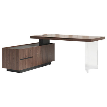 71.5" Modern Walnut Standing L-Shape Desk with Side Cabinet and lifter Desktop, Walnut