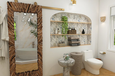 Inspiration for a large contemporary master ceramic tile and double-sink bathroom remodel in Philadelphia with blue cabinets and a freestanding vanity