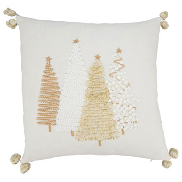 Joyful Christmas Trees Down Filled Throw Pillow With Pom-Pom Trim, Gold, 18"