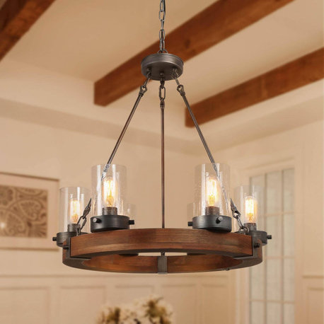 LALUZ 6-Light Wood and Clear Glass Farmhouse Wagon Wheel Chandelier