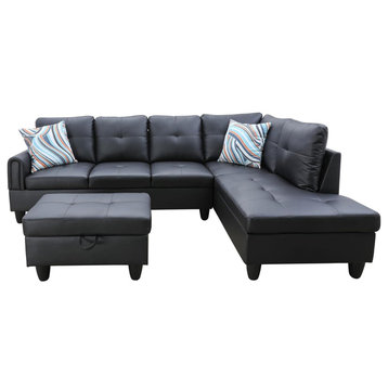 Left Facing Sectional Sofa & Storage Ottoman, PU Leather Upholstery, Black