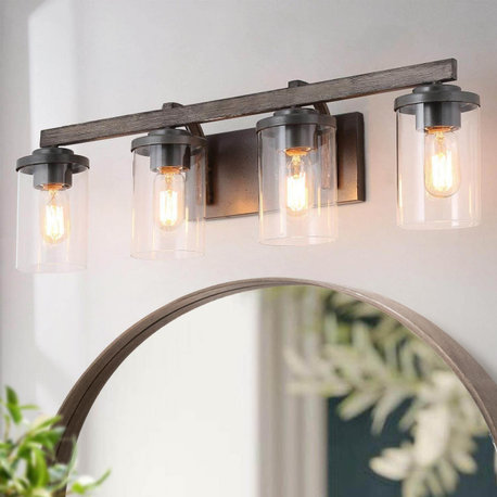 LALUZ Dimmable Farmhouse Bathroom Vanity Lights, Bronze and Wood Grain, 4-Light