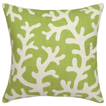 Coral Printed Linen Pillow With Feather-Down Insert, Chartreuse Green