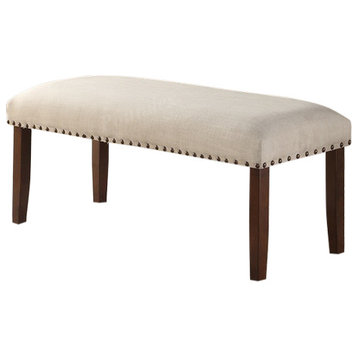Modern Wood Legs Nailhead Trim Cream Fabric Seat Cushion Bench
