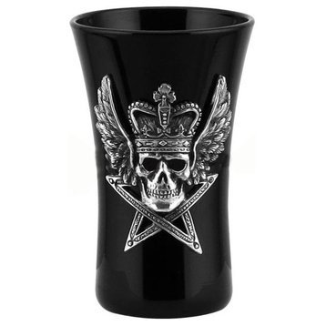 Winged Skull With Crown On Pentagram Shot Glass, Glossy Black