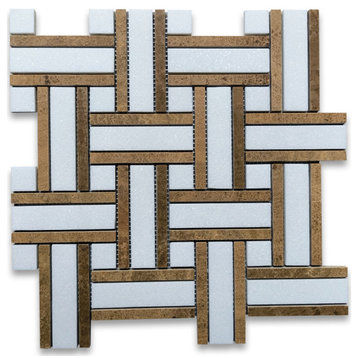 Thassos White Marble Twine Basketweave Mosaic Tile Yellow Woodgrain, 1 sheet