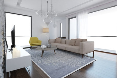 Living room - large scandinavian formal and enclosed dark wood floor living room idea in Other with white walls, no fireplace and a tv stand