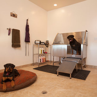 デンバーの大きいコンテンポラリースタイルのおしゃれな洗濯室 (白い壁、トラバーチンの床) の写真