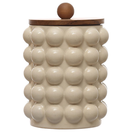 5.75" Round Stoneware Canister, Raised Dots, Acacia Wood Lid, White, Natural