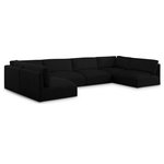 Meridian Furniture - Ease Polyester Upholstered U-Shaped Modular Sectional, Black, 6 Piece: 2 Corner, 4 Armless - Ease into comfort when you bring home this Ease fabric modular sofa. Designed with an uber casual vibe in mind, this plump sofa sits low to the floor, making it a simplistically perfect addition to a living room, den, game room, teen's room, or dorm room. This fun sofa is part of a modular collection, so you can add it with other items in the Ease collection for a custom arrangement.