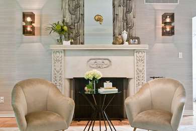 Living room - transitional living room idea in Miami with a standard fireplace
