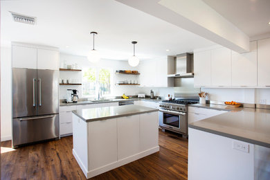 Large trendy l-shaped dark wood floor eat-in kitchen photo in Los Angeles with flat-panel cabinets, stainless steel appliances and an island