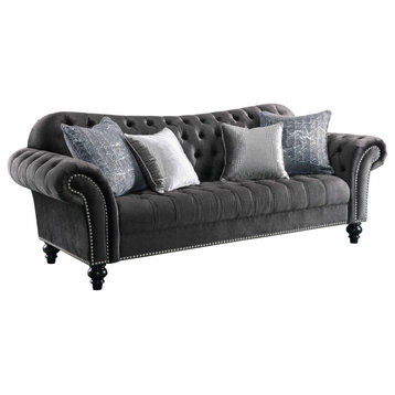 96" Gray And Black Velvet Sofa And Toss Pillows