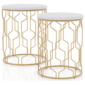 Set of 2 End Table, Geometric Metal Frame With White Round Wooden Top, Gold