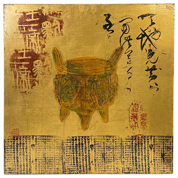 Vintage Restored Golden Oriental Scenery Graphic Wood Panel Art Hws2692
