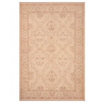 Bareens Designer Rugs - Boho Chic Ziegler Mozell Beige Brown Hand-Knotted Wool Rug - 6'0'' x 8'11'' - Enhance the ambiance of your home with this magnificent Persian-influenced Turkish hand-knotted rug made by skilled artisans capable of creating the most exceptional vegetable dyes and hand-spun wool. This exquisite handmade rug is a one-of-a-kind Peshawar Kafkaz, otherwise identified as Chobi, Chobi Peshawar, Oushak, or Ziegler rug. These handmade rugs are crafted in Pakistan utilizing superior-quality wool imported from Australia, New Zealand, and Korea in two types of weaves: the Persian weave and the Mori weave. This rug is meticulously crafted by hand using the finest natural vegetable dyes extracted from local plants. The artisans use a blend of hand-spun local and fine merino wool, resulting in a rug with a compelling texture, higher lanolin content, and longer staple. The artisans occasionally incorporate natural or artificial silk into the pile to enhance specific motifs. The finished product is an awe-inspiring execution of flawless design and an understated palette that exudes elegance.