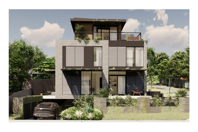 Inspiration for a large beach style three-storey townhouse exterior in Melbourne with mixed siding, a shed roof, a metal roof and a black roof.