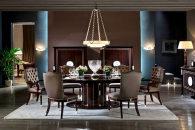 Contemporary dining room in Other with feature lighting.