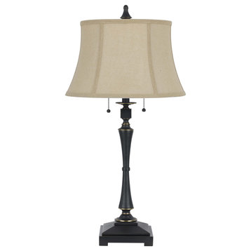 Metal Body Table Lamp With Fabric Tapered Bell Shade, Beige And Black