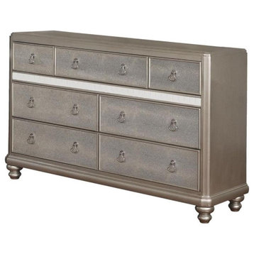 Elegant Dresser, 7 Storage Drawers With Metal Pull Handle, Metallic Platinum