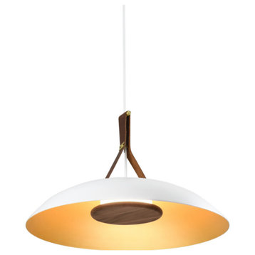 Volo LED Pendant, Cava - White Shade/Brushed Brass/Brown Leather/Walnut, 4000K