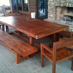 Custom Reclaimed Teak Patio Dining Table, 4' x 10' x 3" thick - Outdoor Dining Tables