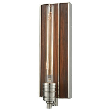 Brookweiler 1-Light Wall Sconce, Polished Nickel With Dark Wood Backplate