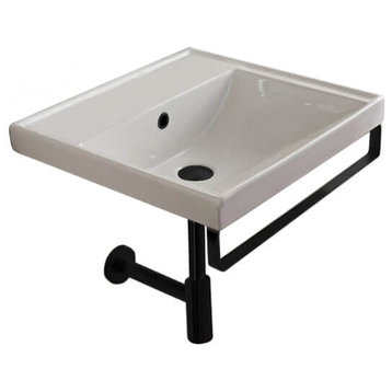 Square Wall Mounted Ceramic Sink With Matte Black Towel Bar, No Hole